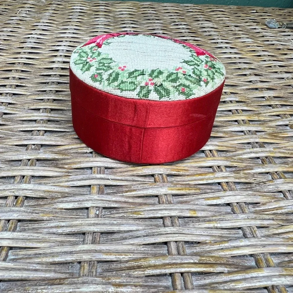 Vintage Red Satin & Tapestry Trinket Box Christmas Box